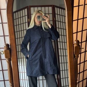 Mango Navy Long Trench Coat with Hidden Placket